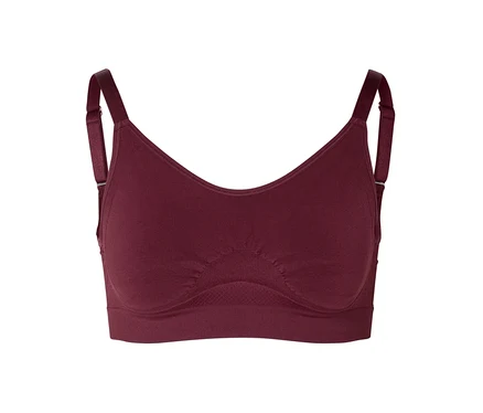 Soutien-gorge bordeaux sans couture avec bretelles réglables et détails texturés sur les bonnets et la bande.