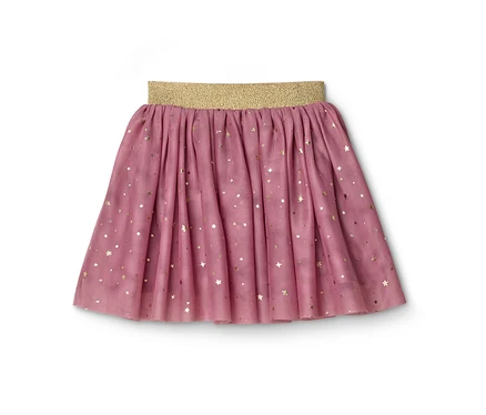 Jupe en tulle rose avec des étoiles pailletées dorées et une ceinture élastique pailletée dorée.