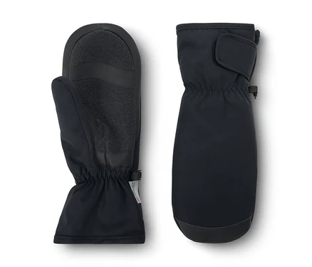 Deux moufles noires sont posées côte à côte; l'une montre la paume avec une texture antidérapante, l'autre le dos avec une sangle Velcro et un poignet élastique.