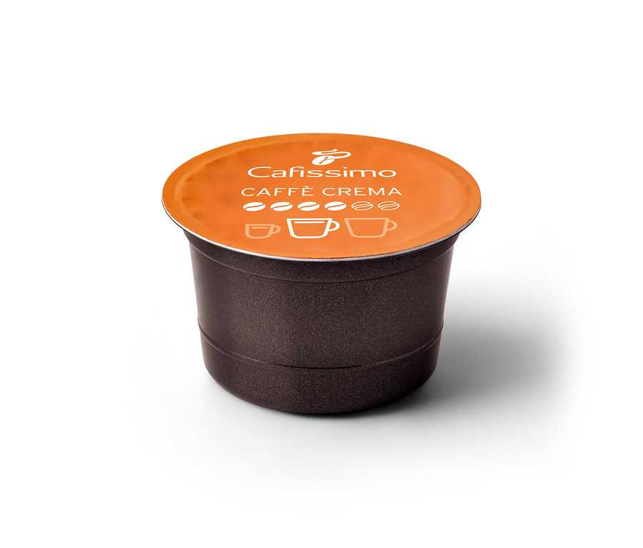 Capsule Cafissimo Caffè Crema vollmundig (intense) marron foncé avec couvercle orange, ornée de grains de café et de symboles de tasses.