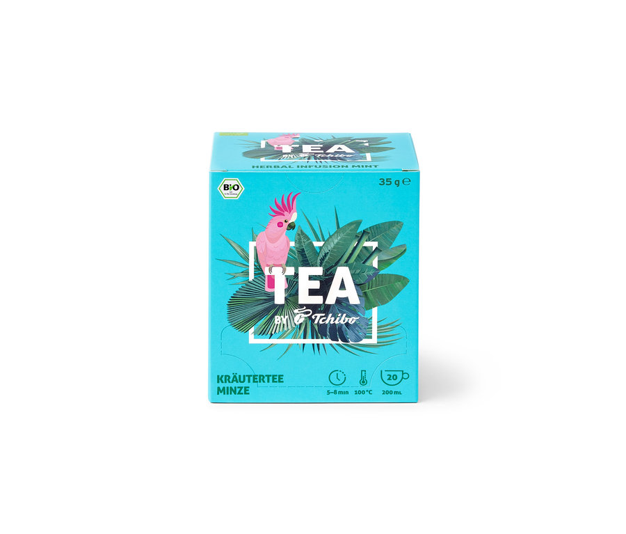 Paquet de BIO TEA by Tchibo Menthe 8x20x1,75g, boîte turquoise avec un cacatoès et lettrage TEA.