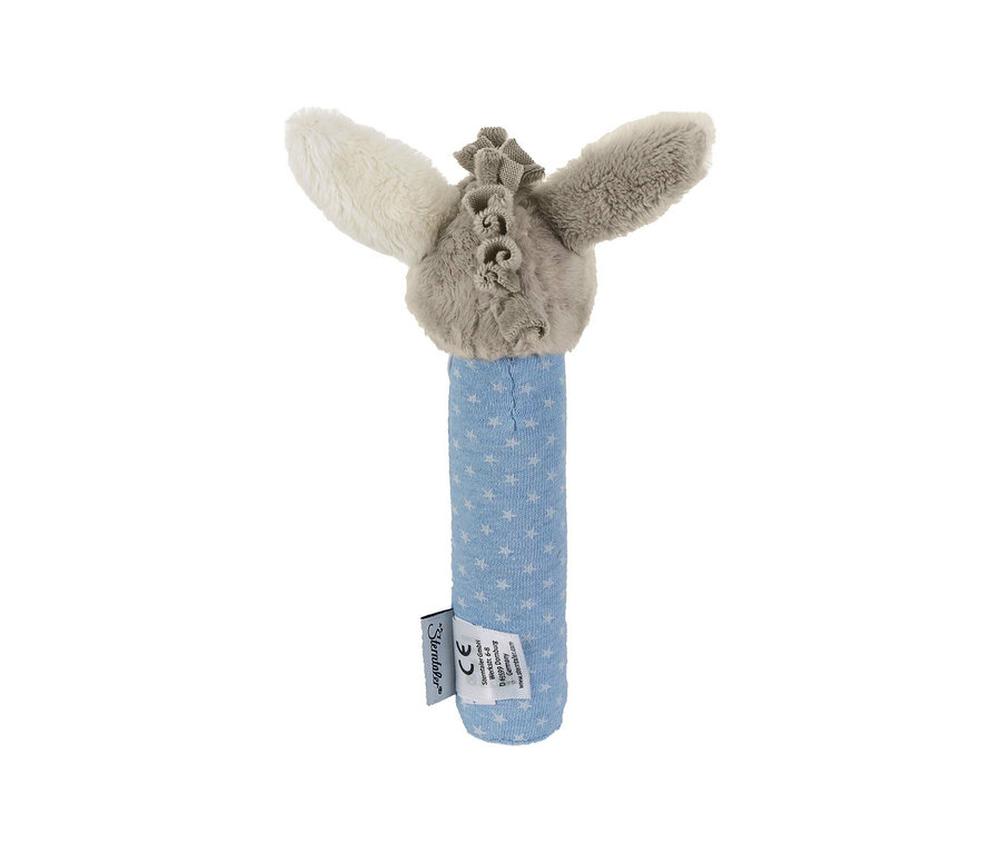 Hochet en peluche avec un manche bleu clair à étoiles blanches et une tête d'animal grise avec des oreilles et une crinière.
