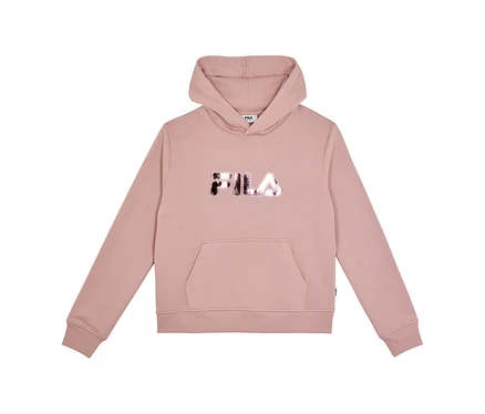 Sweat à capuche FILA pour femme rose avec logo FILA brillant sur la poitrine et poche kangourou.