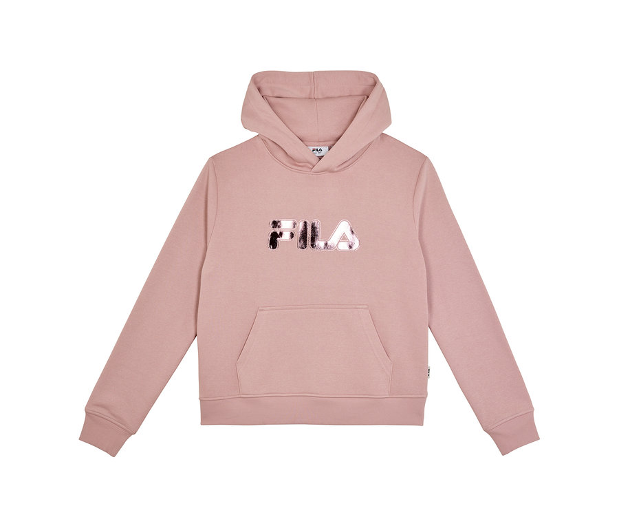 Sweat à capuche FILA pour femme rose avec logo FILA brillant sur la poitrine et poche kangourou.