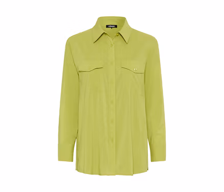 Chemise à manches longues vert citron avec col classique, deux poches poitrine à rabat et boutonnage intégral.