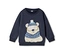 Sweat-shirt bleu marine avec un motif d'ours polaire blanc portant un bonnet bleu clair, des lunettes de ski jaunes et une écharpe à carreaux bleue.