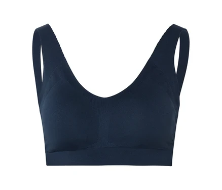 Soutien-gorge de sport bleu avec encolure en V et larges bretelles.