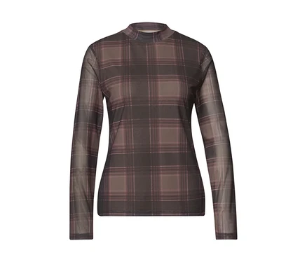 T-shirt en maille Street One à manches longues, motif écossais marron foncé et rose.