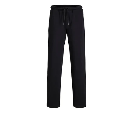 Pantalon de survêtement noir Jack&Jones Bradley avec cordon de serrage à la taille, posé à plat sur fond blanc.