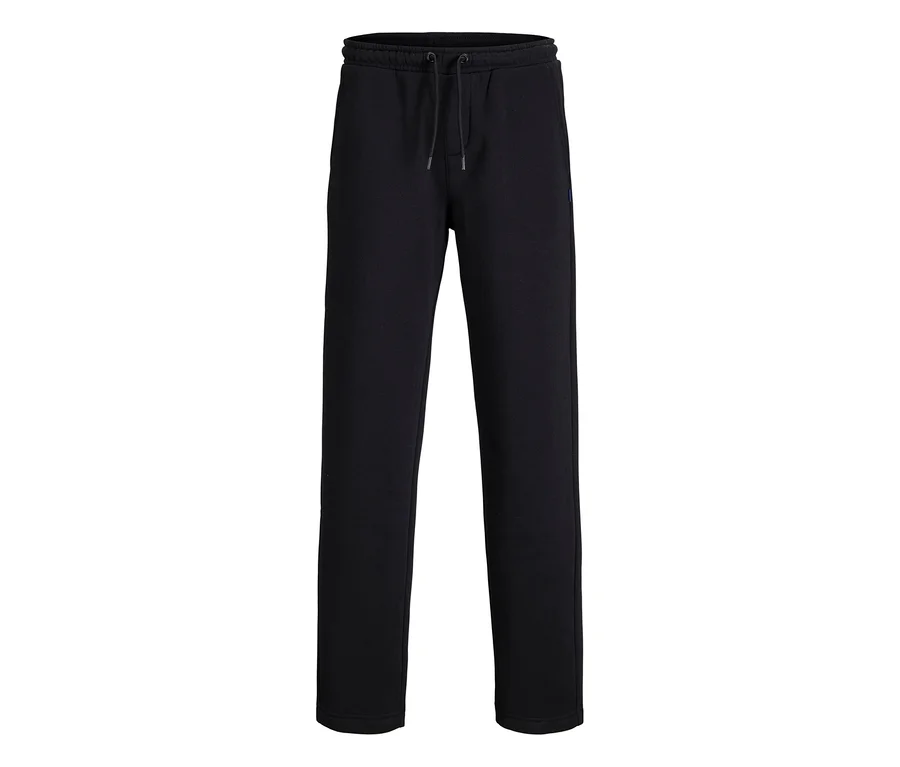 Pantalon de survêtement noir Jack&Jones Bradley avec cordon de serrage à la taille, posé à plat sur fond blanc.