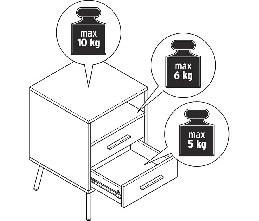 Table d’appoint aspect bois avec 2 tiroirs et une étagère ouverte. Charge maximale : 10 kg pour le dessus, 6 kg pour l'étagère ouverte, 5 kg par tiroir.