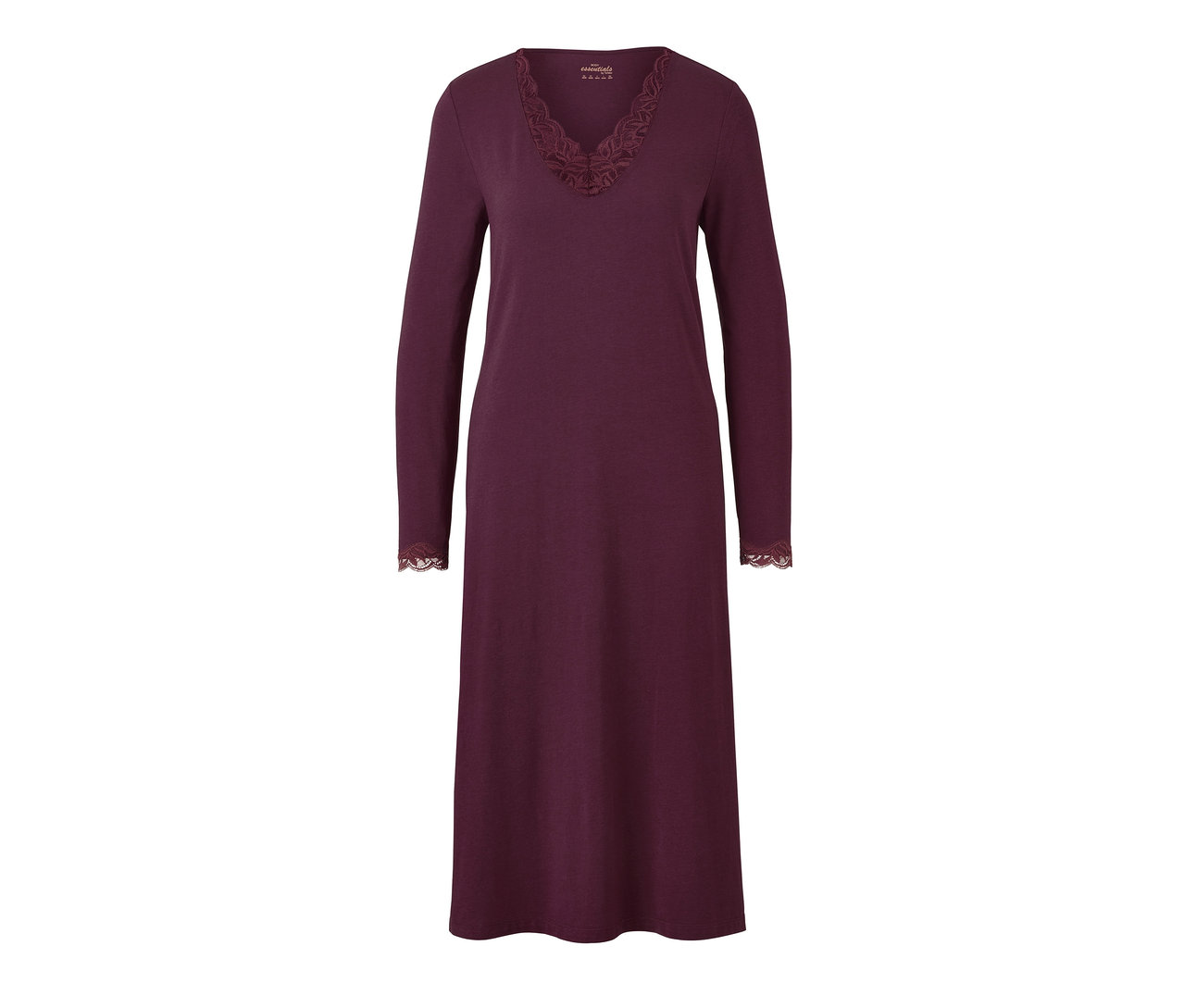 Une chemise de nuit bordeaux à manches longues avec de la dentelle à l'encolure et aux poignets.