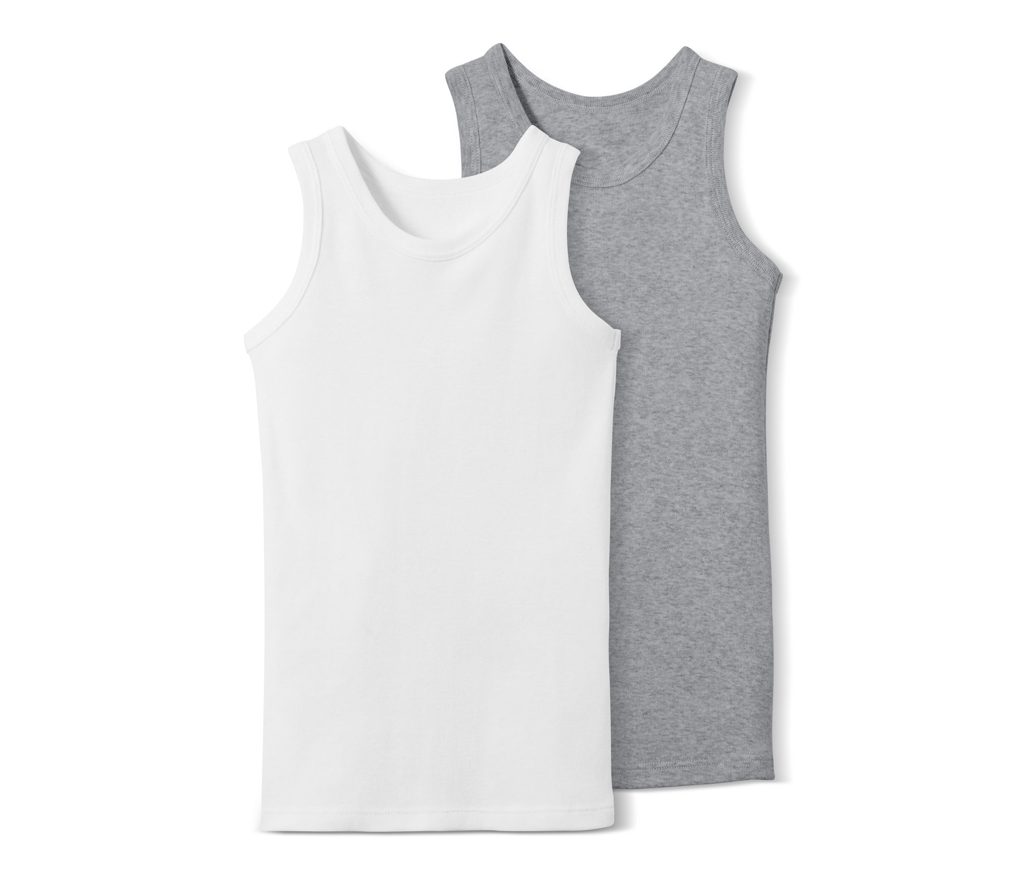 Deux maillots de corps garçon, un blanc et un gris, sont placés côte à côte.