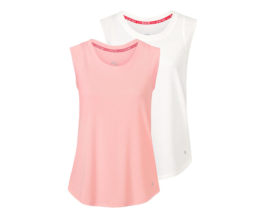 Deux hauts: un rose et un blanc. Les deux sont sans manches avec encolure ras du cou.