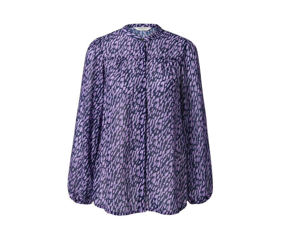Une blouse bleue avec un imprimé violet.