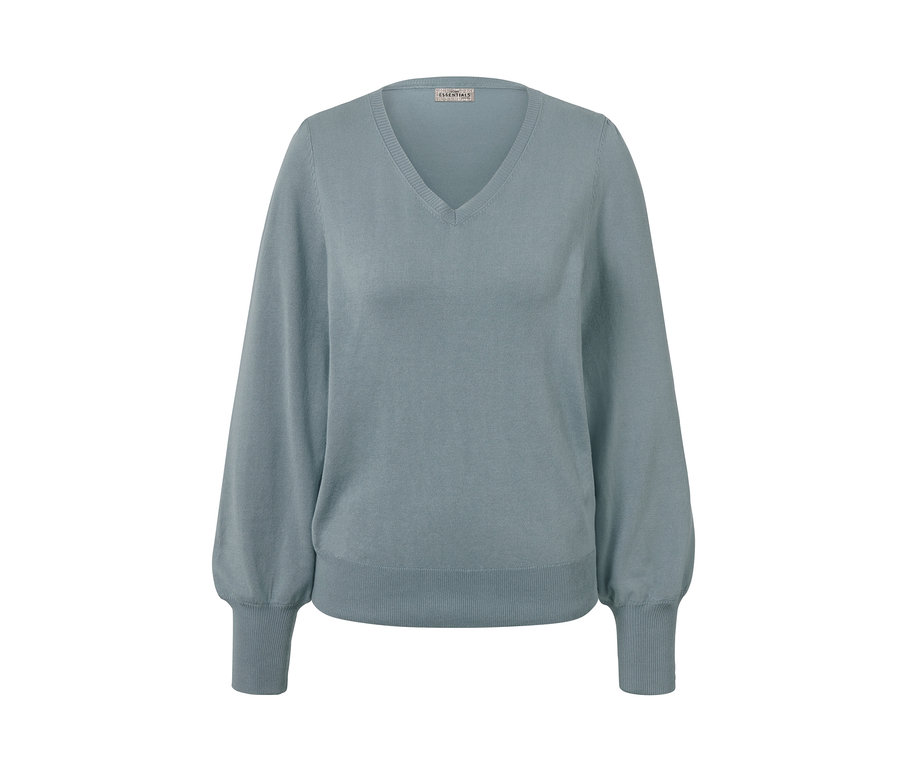 Pull en maille fine bleu clair avec un col en V.