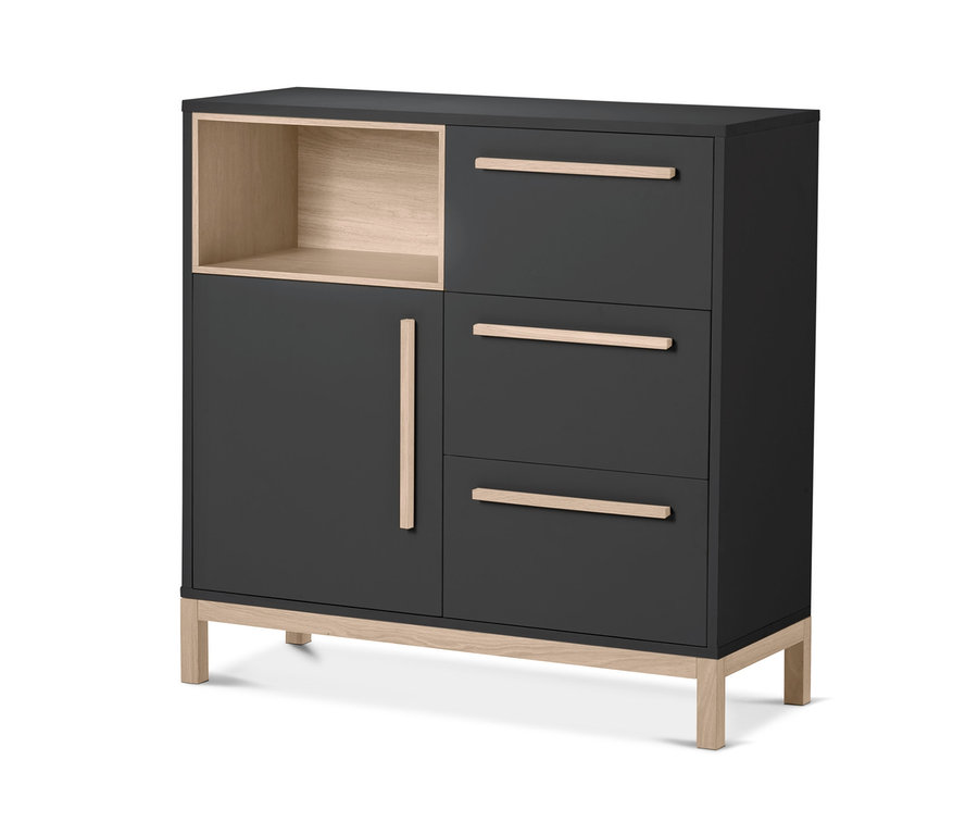 Buffet de salle de bain anthracite «Eklund» avec étagère ouverte, une porte et trois tiroirs.