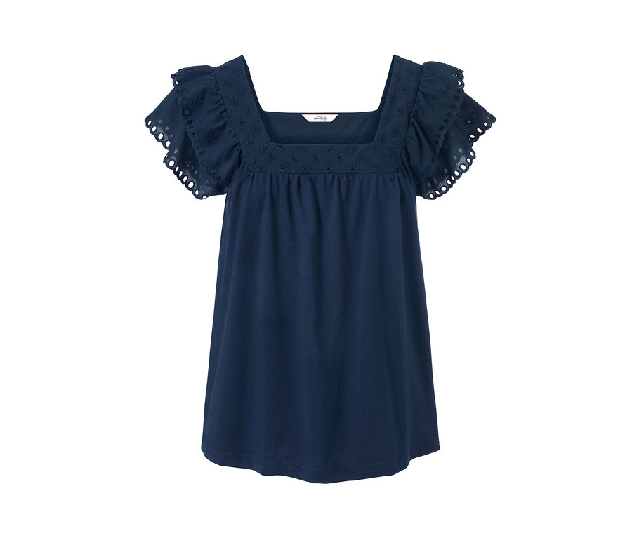 T-shirt bleu foncé à manches courtes avec broderie autour de l'encolure.