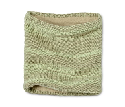 Écharpe tube en maille beige et verte.