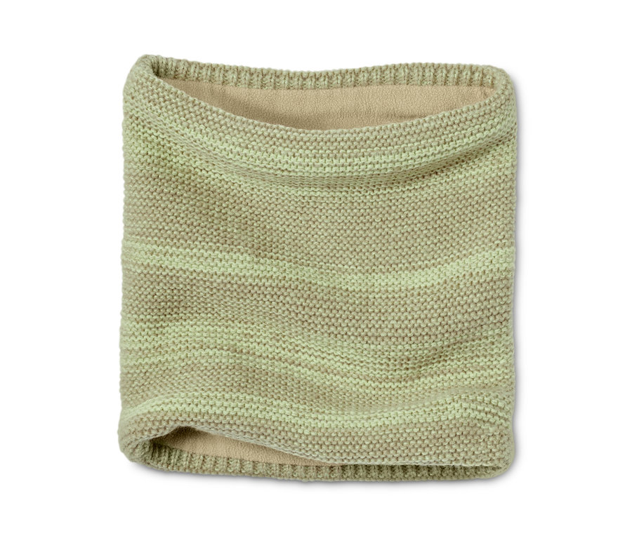 Écharpe tube en maille beige et verte.