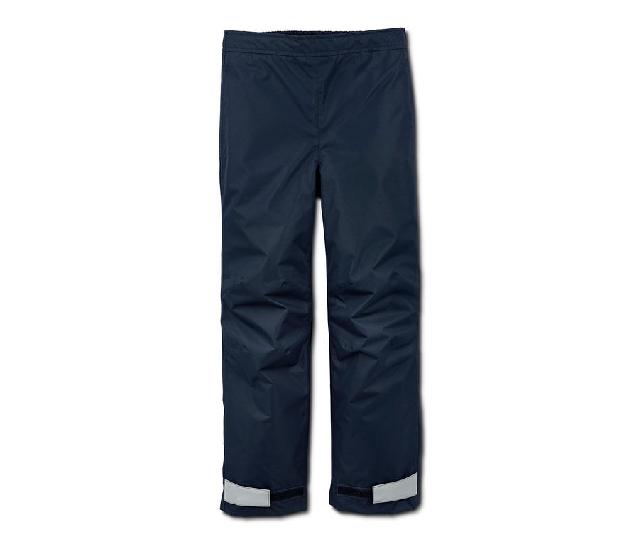 Pantalon de pluie bleu marine en matériaux recyclés avec des réflecteurs au bas des jambes.