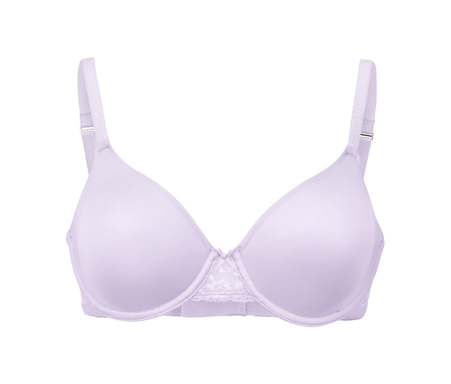 Gros plan d'un soutien-gorge à armatures lilas avec de la dentelle au centre et des bretelles réglables.