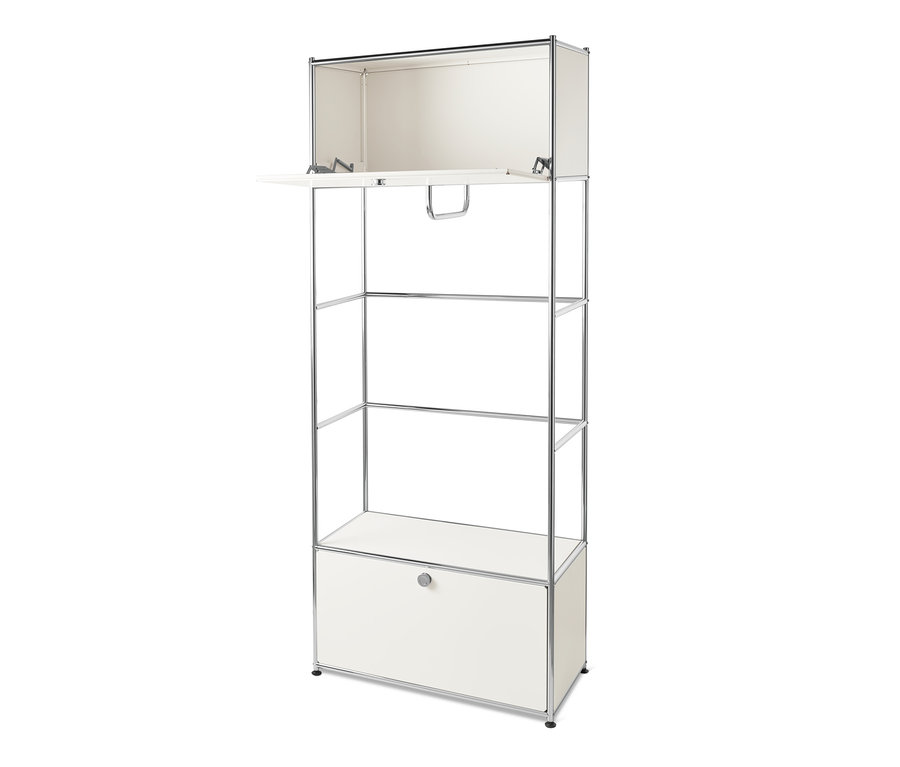 Garde-robe en métal « CN3 », blanche avec armoire suspendue ouverte et tiroir inférieur.