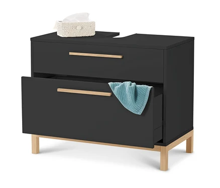 Meuble sous vasque « Eklund » anthracite à 2 tiroirs, avec une serviette bleue dans un tiroir ouvert. Une boîte de mouchoirs est posée sur le meuble.