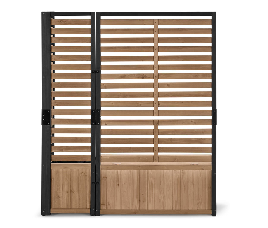 Deux modules bac à plantes à protection visuelle « Elin » avec des lamelles horizontales en bois et un cadre noir.