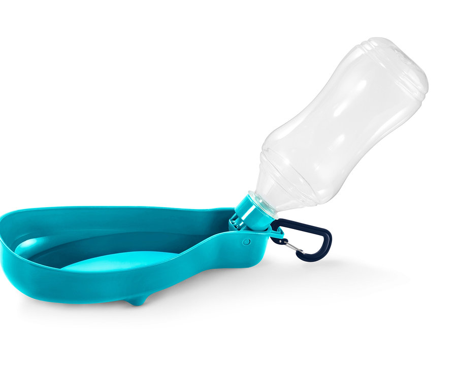 Gourde pour chien turquoise avec gamelle intégrée.