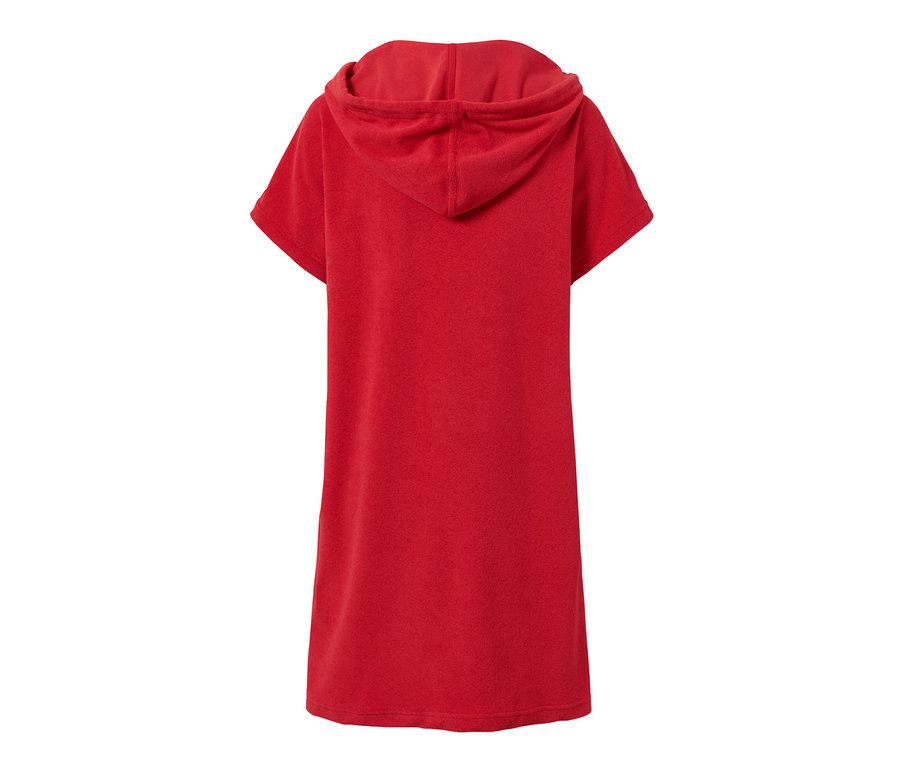 Robe de plage rouge en tissu éponge avec capuche et manches courtes.