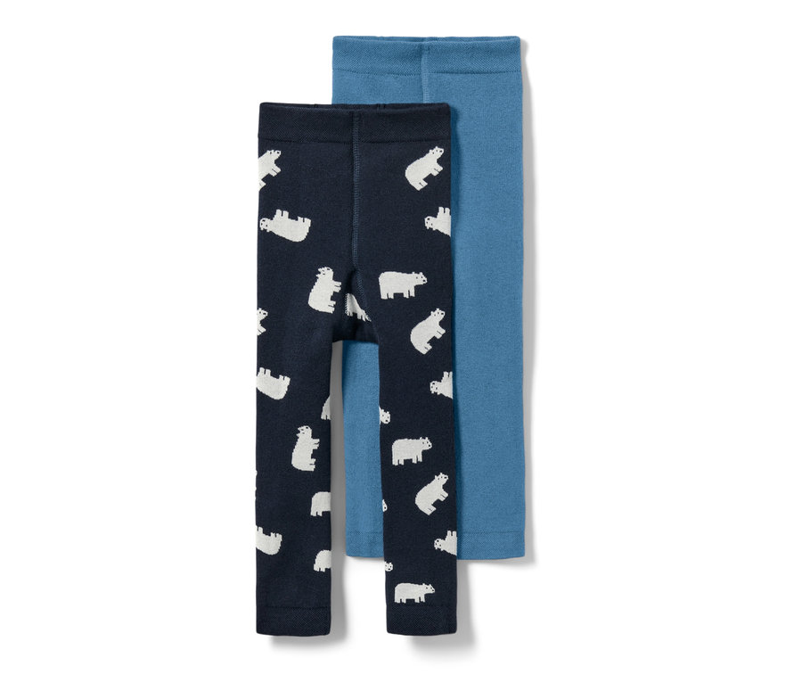 Deux leggings thermiques pour tout-petit. Un bleu marine avec un motif d'ours polaires, l'autre bleu clair.