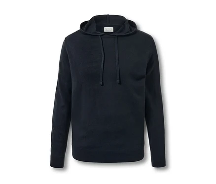 Sweat-shirt à capuche en maille bleu marine.