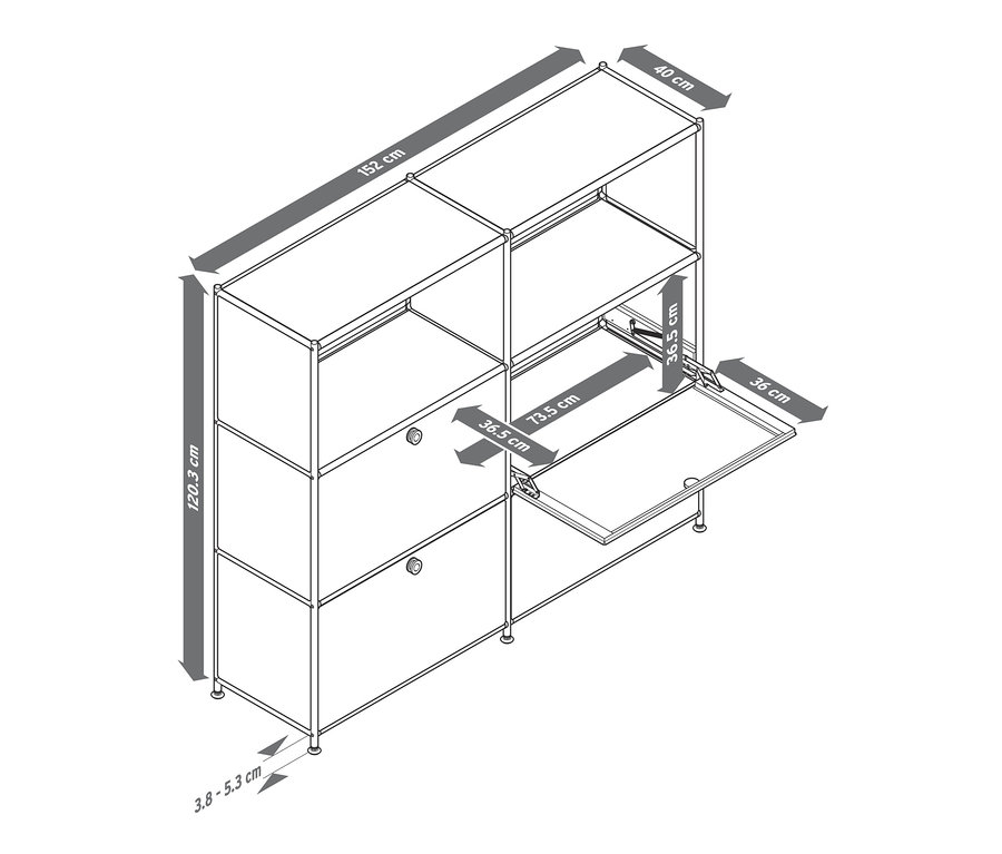 Illustration d'une commode en métal « CN3 » avec des compartiments à rabat et des indications de dimension.
