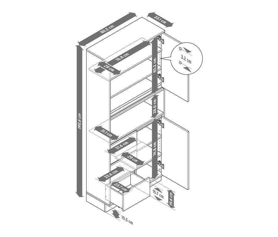 Schéma d'une armoire haute de salle de bain blanche avec dimensions.