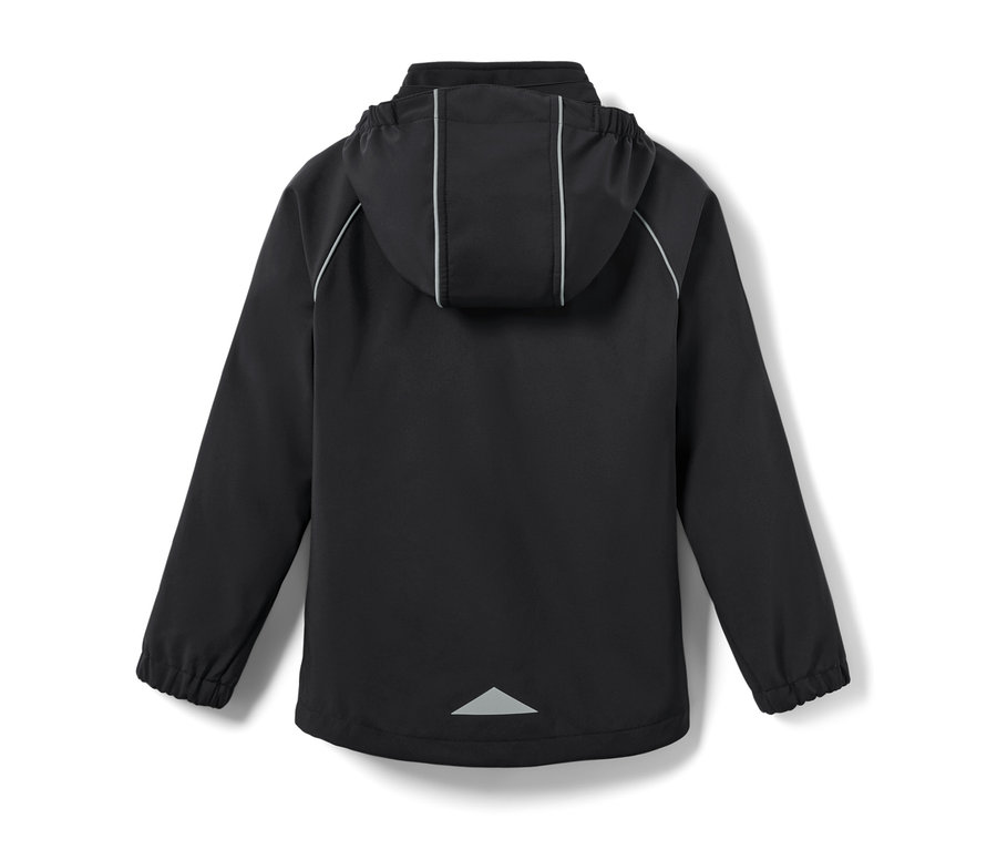 Vue arrière d'une veste softshell noire pour enfant avec capuche et détails réfléchissants.