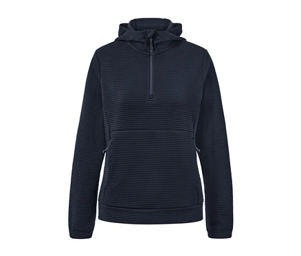 Pull à capuche bleu marine avec demi-fermeture éclair.