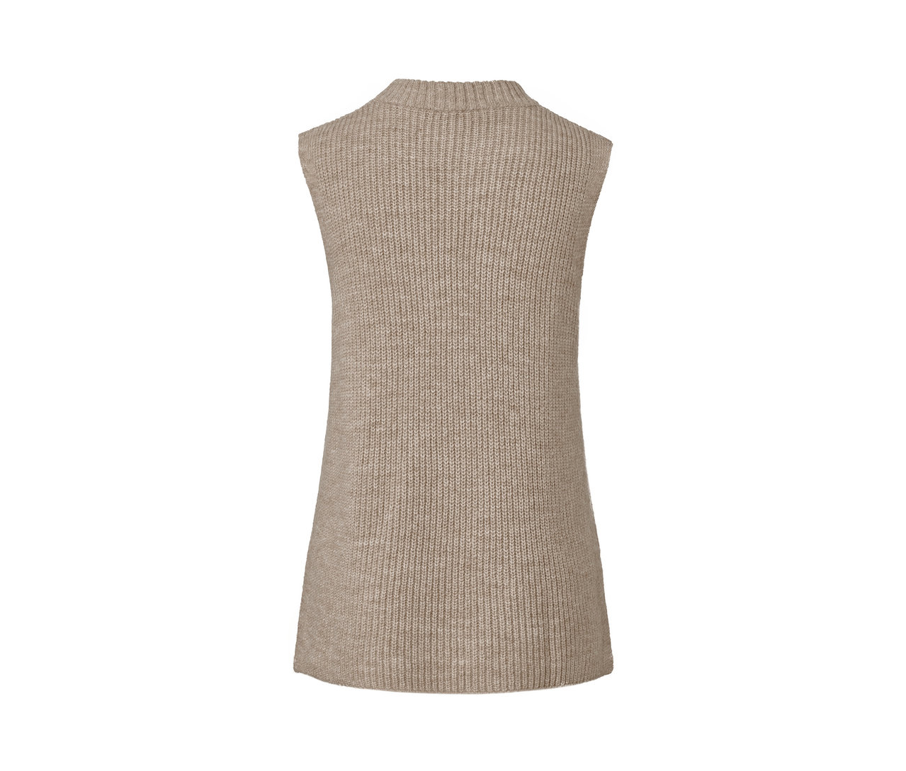 Vue détaillée d'un pull sans manches en maille beige chiné.