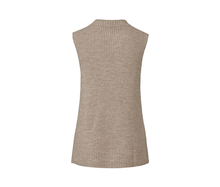 Vue détaillée d'un pull sans manches en maille beige chiné.