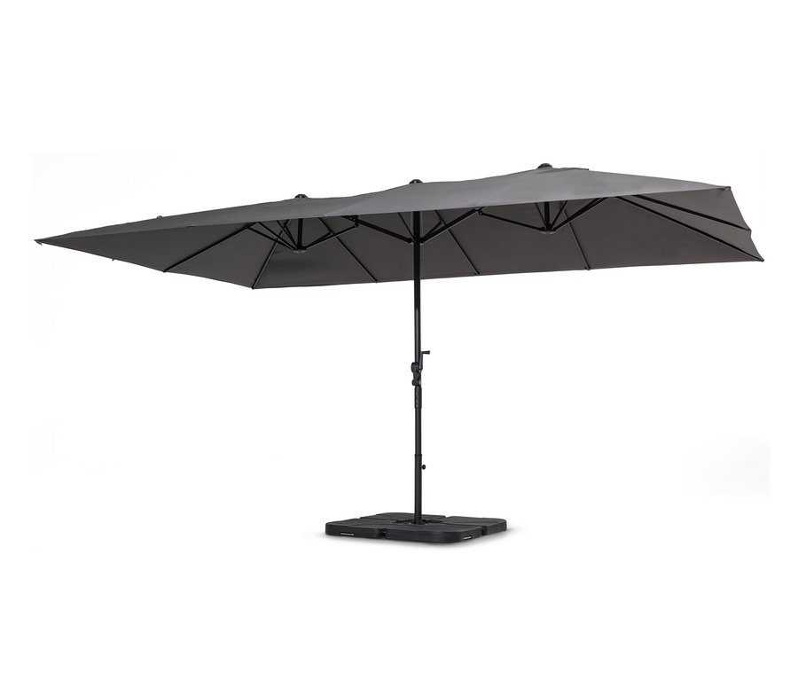 Un double parasol Leco anthracite repose sur une base noire.