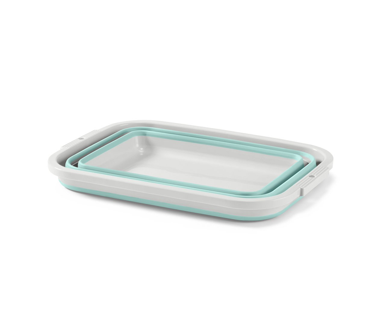 Un panier à linge pliable en blanc et bleu.