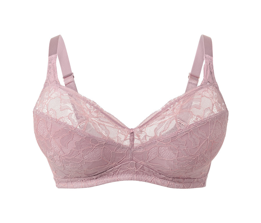 Gros plan d'un soutien-gorge souple en dentelle florale de couleur mauve.