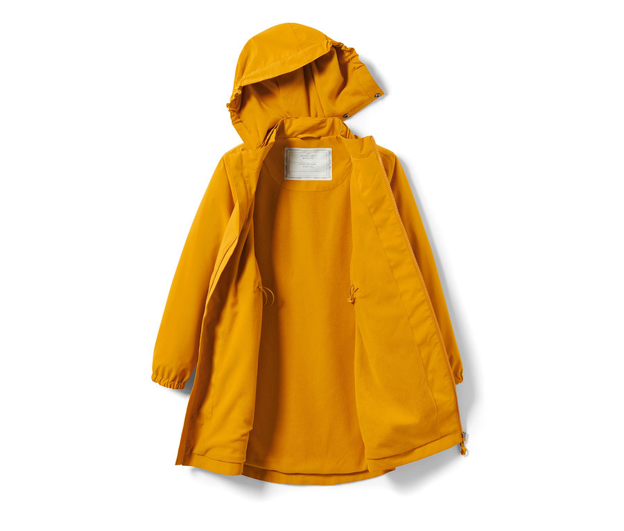 Parka imperméable ouverte pour enfant, de couleur jaune avec capuche.