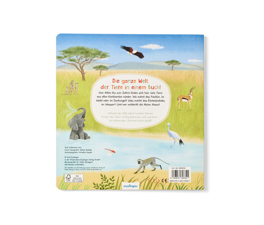 L'image montre le livre « Mein erstes Wimmelbuch – Wilde Tiere » avec des illustrations d'animaux sauvages.