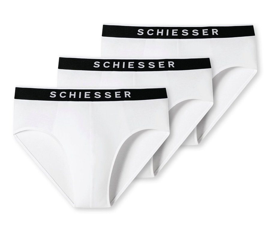 Trois slips Rio SCHIESSER en coton bio blancs avec une ceinture noire superposés.