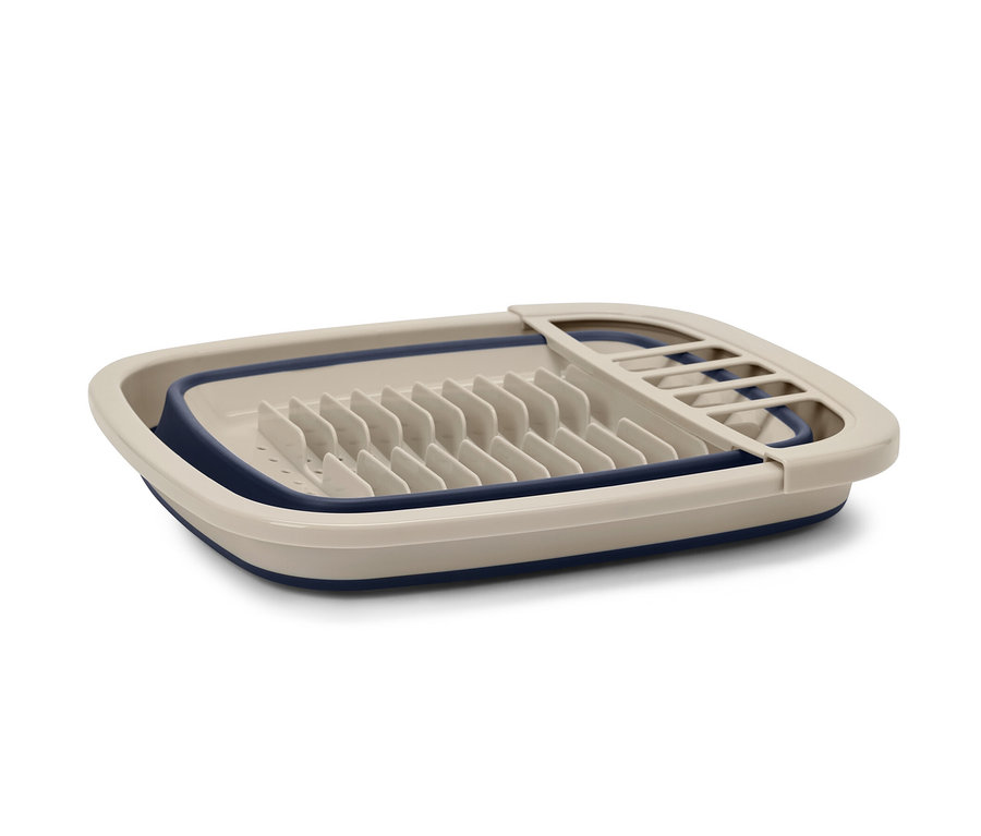 Égouttoir pliable beige et bleu.