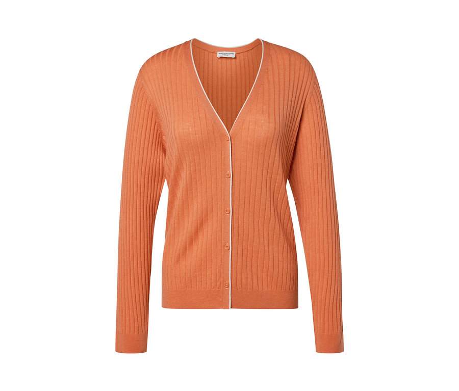 Cardigan côtelé orange en soie avec bordure blanche.
