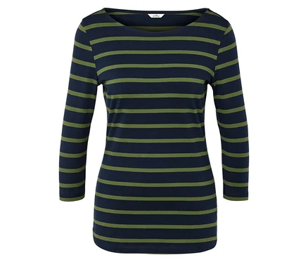 T-shirt à manches longues pour femme avec rayures horizontales bleu et vert.