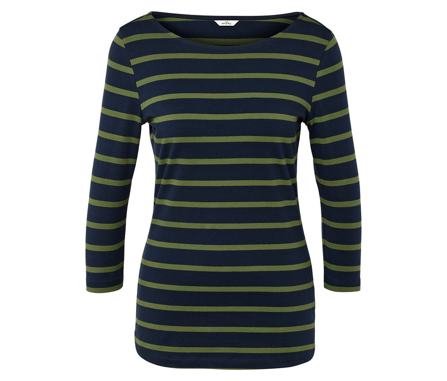 T-shirt à manches longues pour femme avec rayures horizontales bleu et vert.