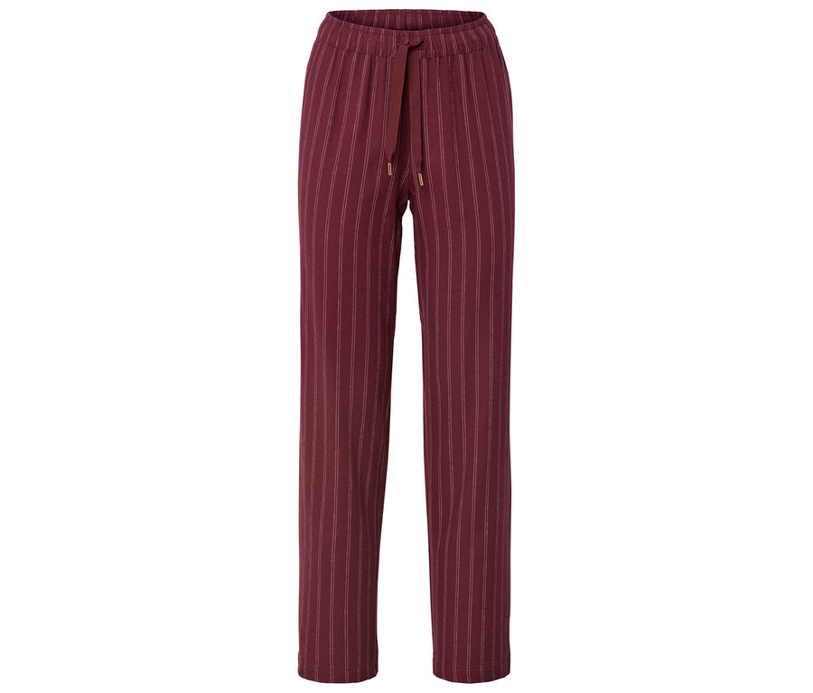 Un pantalon bordeaux rayé avec cordon de serrage.